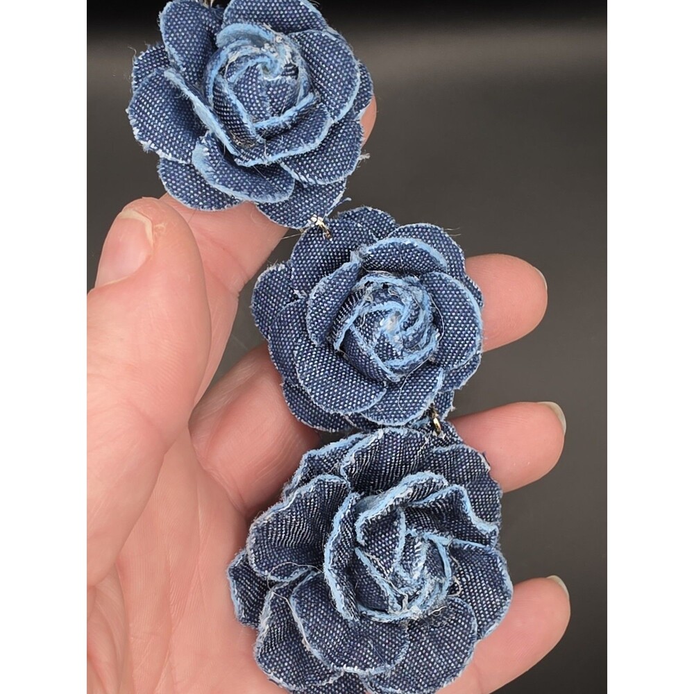 Blue Denim Fabric Flower Dangle Drop Earrings Hook Handcrafted - Picture 3 of 3
